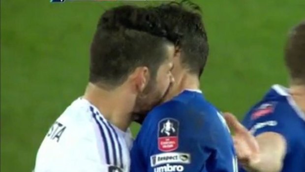 Hungry for it: Diego Costa leans into the neck of Gareth Barry.