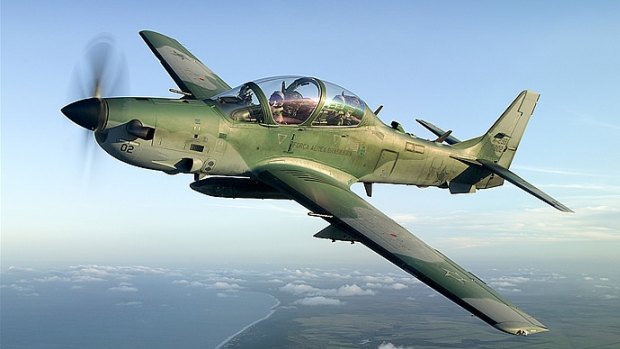 A Super Tucano aircraft made by Brazilian Embraer and used by several nations.