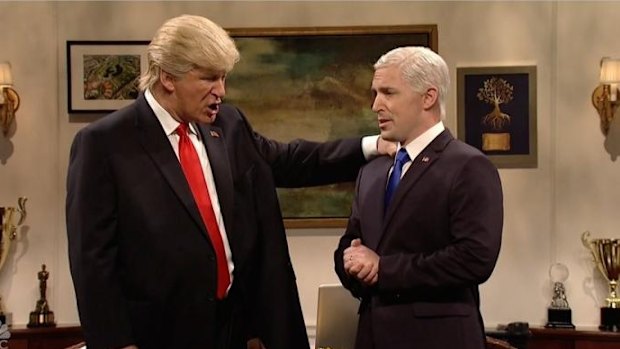 A very worried Donald Trump (Alec Baldwin) will leave everything to an unflustered Mike Pence (Beck Bennett) on <i>Saturday Night Live</i>.