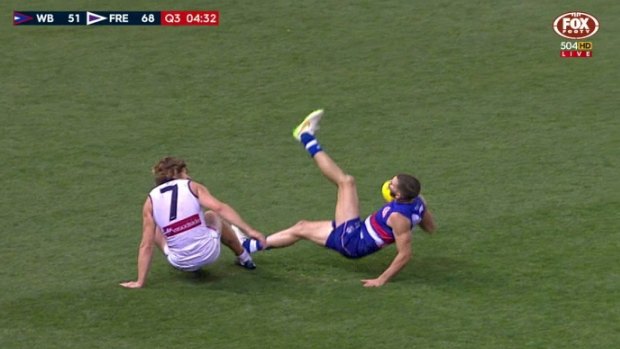 The incident: Nat Fyfe was reported for tripping Koby Stevens.