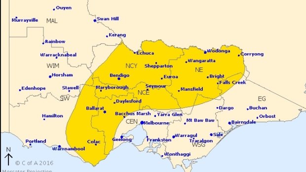 A severe weather warning has been issued for the areas highlighted in yellow.