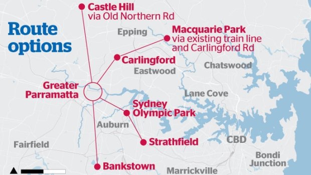 Proposed routes for the Parramatta light rail line.