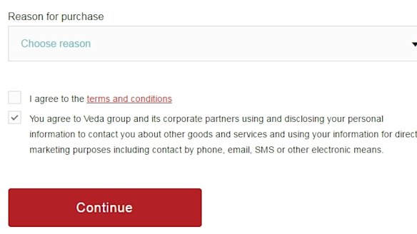 Bottom of Veda's online order form for a personal credit report.