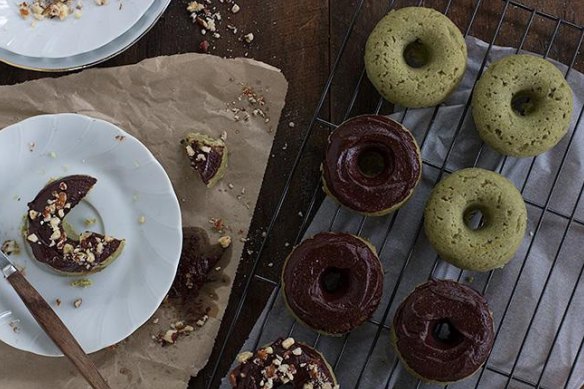 Vegan matcha doughnuts with chocolate ganache.