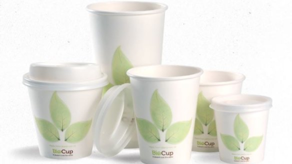 BioPak's leaf cups are made with paper coated with Ingeo bioplastic