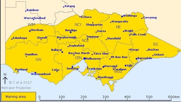 The severe weather warning in place for much of the state.