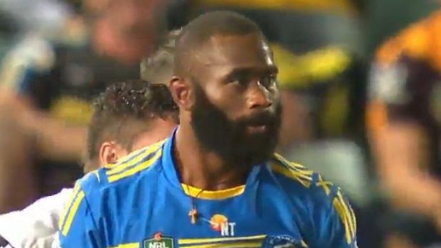 Parramatta winger Semi Radradra wearing his sister's necklace against Manly on Friday night.