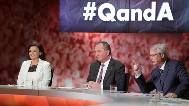 Tony Jones, host of ABC's <i>Q&A</i> program, with independent senator Jacqui Lambie and Agriculture Minister Barnaby Joyce.
