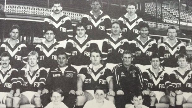 Former rugby league player John Tobin (middle row, third from right) was one of the men arrested.