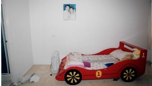 A child's racing-car bed in the Lin family house in North Epping. 