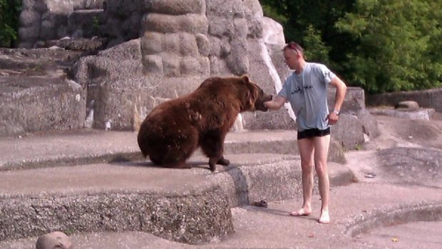 The bear appears to have the man by the arm.