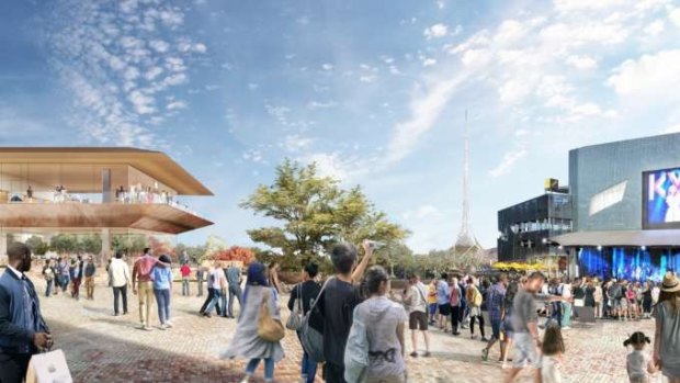 The new Apple store next to Federation Square's screen. 