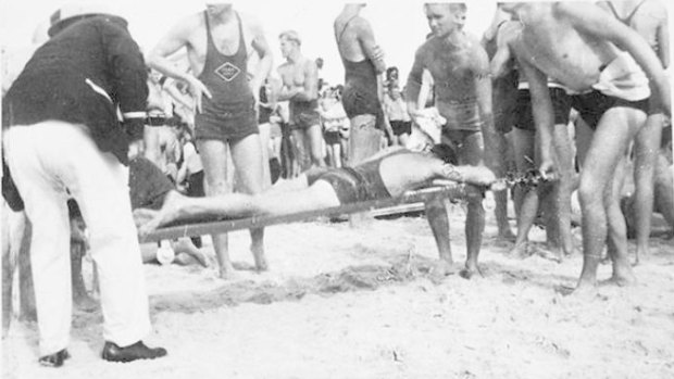 Lifesavers rescue swimmers on Black Sunday, February 6, 1938. 