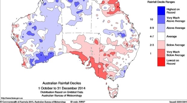Rainfall decile ranges over mainland Australia in October-December.