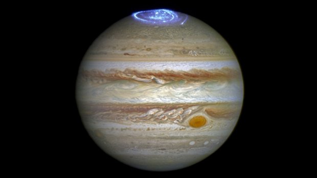 Composite image shows auroras on the planet Jupiter. 
