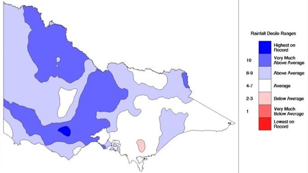 Rainfall in April. The dark blue areas received rain three times the average while medium blue was twice the average.