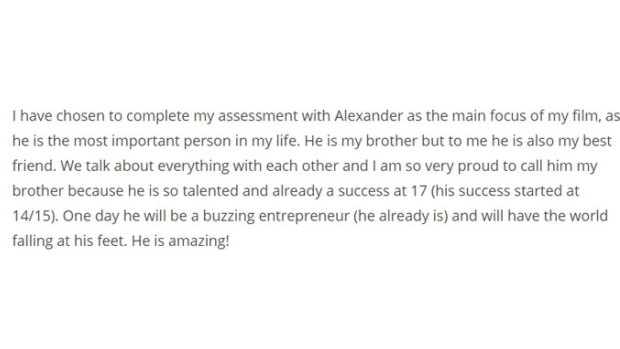 An excerpt from the online blog praising Alexander Beniac-Brooks. 