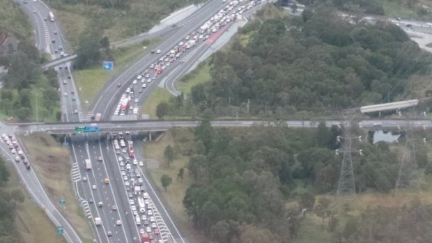 Cars stretch south from a crash on the Gateway Motorway at Rochedale.