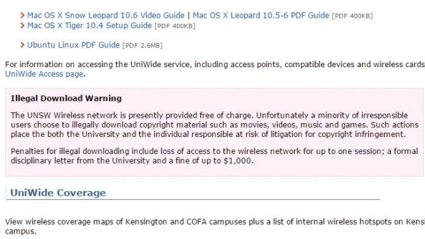 A warning notice on UNSW's website about the fines.