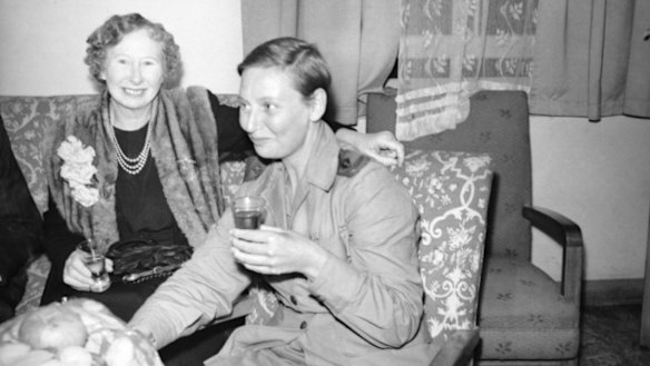 Safe at last: Vivian Bullwinkel, right, and her mother, Eva, at the 115th Australian General Hospital on October 24, 1945. A reception had been organised in honour of a party of Australian Army Nursing Sisters who had been prisoners of war. 