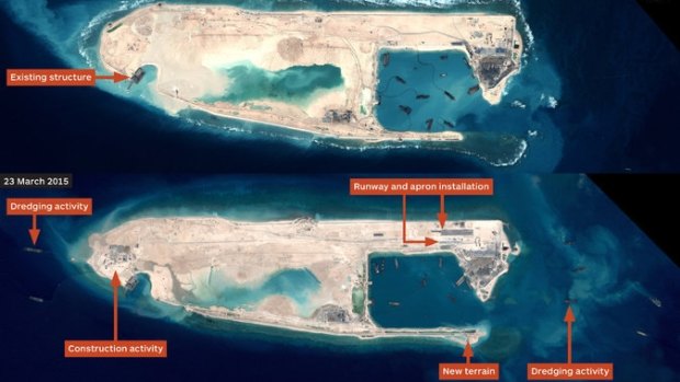 Satellite imagery provided by Airbus shows a before-and-after view of Fiery Cross Reef, which is part of the disputed Spratly Islands.