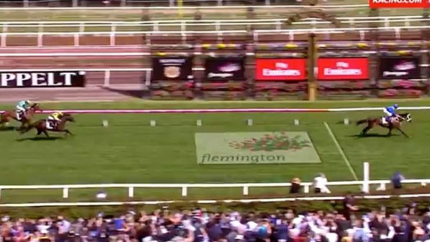 Winx crosses the finish line for her victory by more than six lengths.