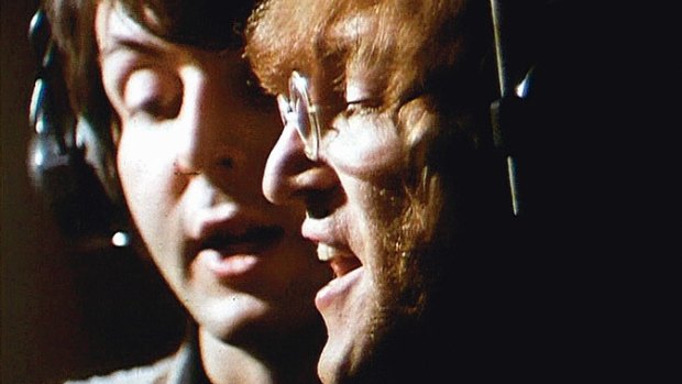Paul McCartney, left, and John Lennon during the recording of the track Hey Bulldog, part of the Yellow Submarine soundtrack.