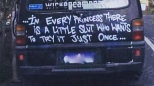 Public awareness about offensive slogans became widespread after a Sydney mother noticed this slogan on the back of a Wicked Campers van in 2014. The company apologised and removed the slogan at the time.