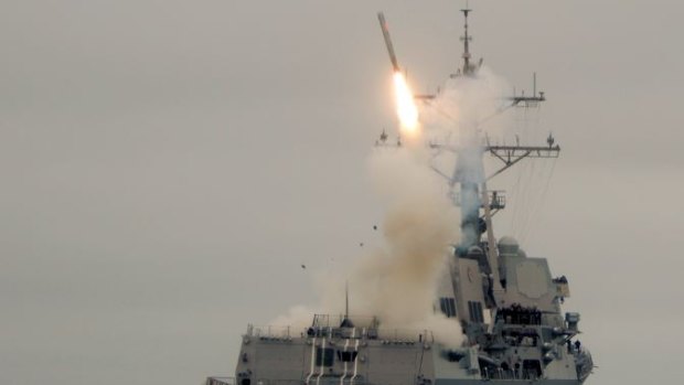 A Tomahawk missile is launched during a test in 2010 in the Pacific Ocean.