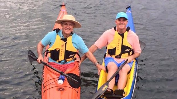 Malcolm Turnbull and John Key kayaking in Sydney Harbour in February.