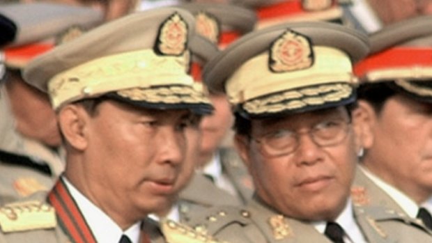 Shwe Mann, left, talking to Thein Sein, who is now the president, in 2004.
