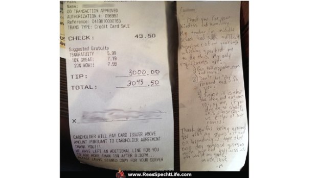 "Mike" well and truly exceeded the "suggested gratuity" by leaving a 7000 per cent tip.