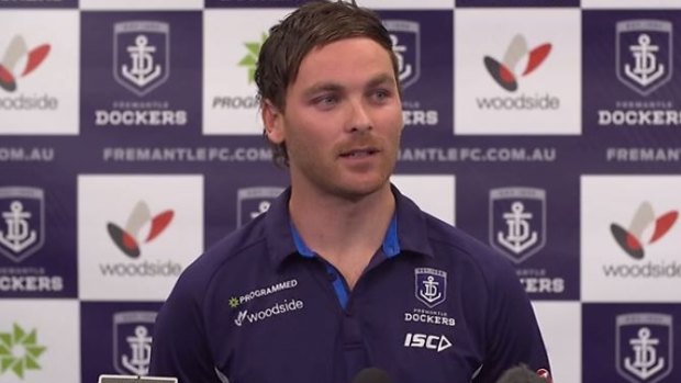 Nathan Wilson during his first press conference as a Fremantle Docker. 