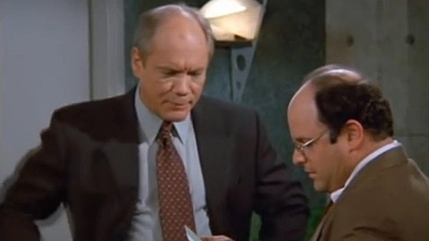 George Costanza's boss hits him up over being a hero when 'this whole time we thought you were some sort of low-life, sniveling rat person'.