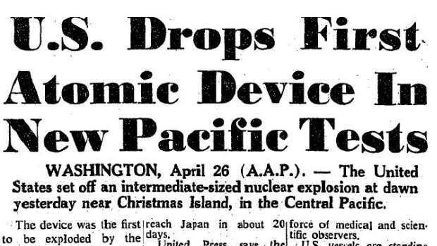 Headline from SMH front page, April 27, 1962