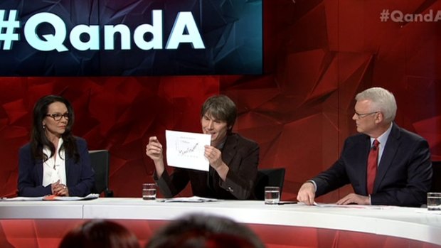 Physicist Brian Cox, centre, does his best to explain why climate change is a reality on <i>Q&A</i> as Linda Burney, left, and host Tony Jones look on.