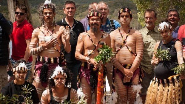 Danish delegates pose with Yuliburri-ba dance group at Brown Lake.