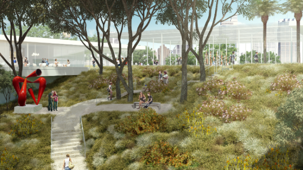 An artist's render of how the new landscaping and art garden could look when the expansion of the Art Gallery is viewed from Woolloomooloo.
