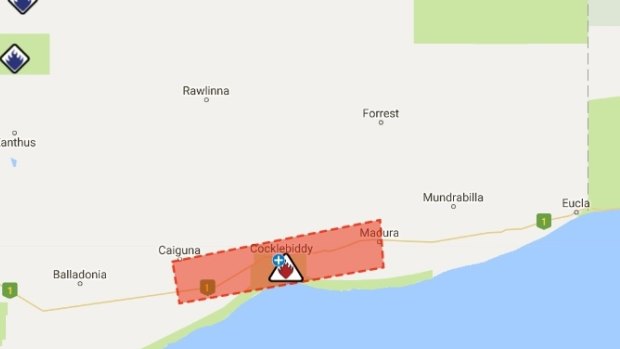 The emergency warning zone for an out-of-control bushfire burning near Cocklebiddy. 