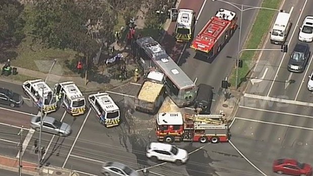 An aerial view of the crash at the junction of Foote Street and Williamsons Road in Templestowe.