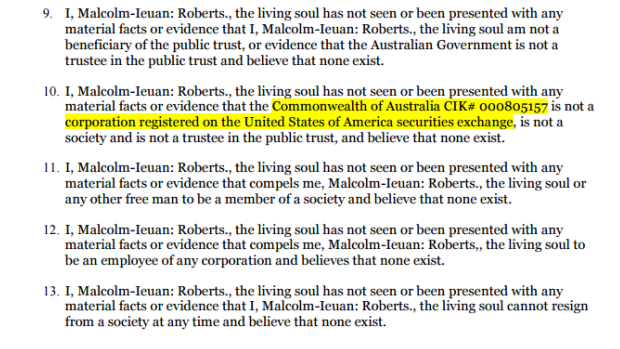 In the affidavit, Mr Roberts claims there is no evidence the Commonwealth of Australia "is not a corporation registered on the US securities exchange".
