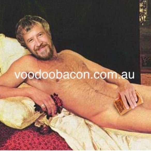 A rasher move? Naked chef George Francisco baring all for Voodoo Bacon.
