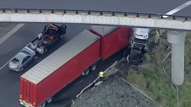 The semi-trailer involved in the crash on the Monash Freeway.