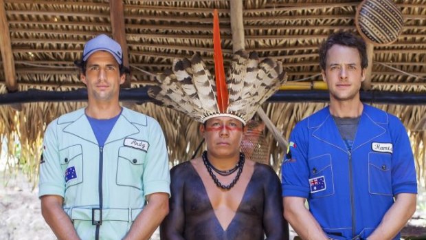 Public relations: Andy Lee and Hamish Blake meet a local in South America. 