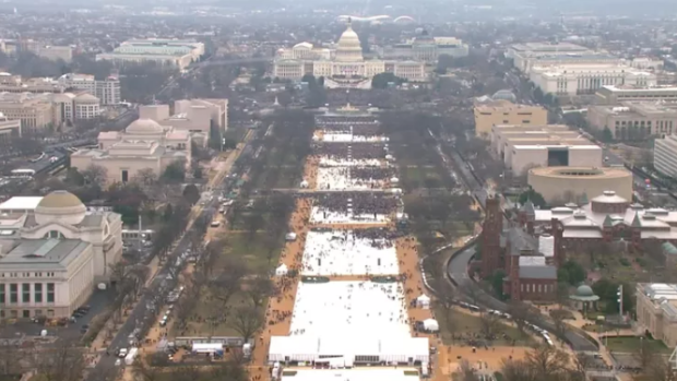 An aerial view of sparse crowds on the national mall at Donald Trump's inauguration.