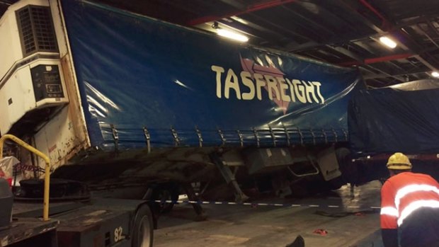 A semi-trailer tipped over on the Spirit of Tasmania II on Tuesday.