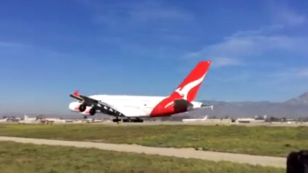 A Qantas A380 lands at Ontario International Airport, near Los Angeles.