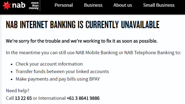 Error message displayed to online NAB customers