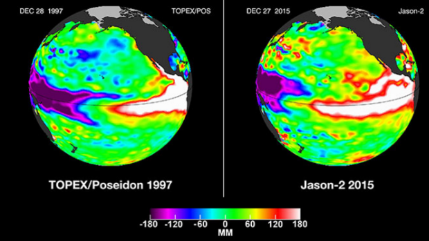 By area affected, this year's El Nino is larger than the 1997-98 monster event, NASA says.