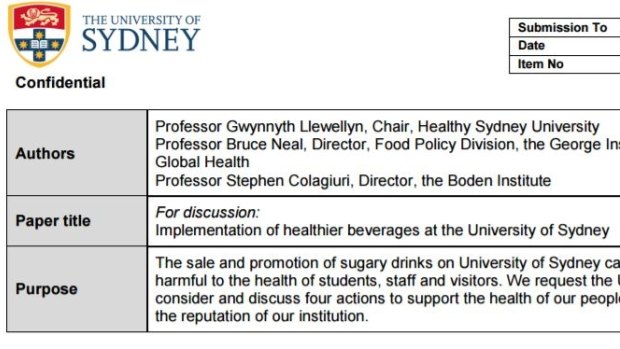 Parts of an unsolicited submission to the University of Sydney executive to ban the sale and promotion of sugary drinks.